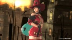 Rule 34 | 1girl, 3d, arc system works, ayane (doa), bare shoulders, black gloves, black hair, breasts, cosplay, dead or alive, dead or alive 5, fingerless gloves, gloves, guilty gear, hat, i-no, i-no (cosplay), large breasts, official art, red eyes, short hair, sideboob, tecmo, thighhighs, witch hat