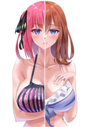 Rule 34 | 2girls, arm under breasts, bikini, blue eyes, blush, breasts, butterfly hair ornament, closed mouth, collarbone, go-toubun no hanayome, hair ornament, hair ribbon, hand on own chest, hand up, large breasts, long hair, looking at viewer, medium hair, multiple girls, nakano miku, nakano nino, pink bikini, pink hair, red hair, ribbon, siblings, simple background, sisters, split screen, split theme, swimsuit, twins, two side up, upper body, uyufuzi s, white background, white bikini