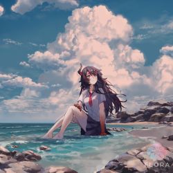 Rule 34 | 1girl, absurdres, arm support, bare legs, barefoot, beach, black hair, black skirt, bright pupils, chika (flora project), cloud, collared shirt, copyright name, day, flora project, hand on own knee, highres, horizon, long hair, looking up, messy hair, multicolored hair, necktie, outdoors, partially submerged, purple eyes, red eyes, red hair, red necktie, rock, scenery, shijohane, shirt, shore, short sleeves, sitting, skirt, solo, streaked hair, tokenai natsu (vocaloid), virtual youtuber, vocaloid, water, white shirt