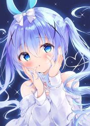 Rule 34 | 1girl, amedamacon, animal ears, bare shoulders, blue eyes, blue hair, blush, bow, chestnut mouth, commentary request, dress, fur-trimmed jacket, fur trim, gochuumon wa usagi desu ka?, hair between eyes, hair bow, hair ornament, hands up, highres, jacket, kafuu chino, long sleeves, looking at viewer, off shoulder, parted lips, rabbit ears, sleeves past wrists, solo, sparkle, twintails, upper body, white bow, white dress, white jacket, x hair ornament