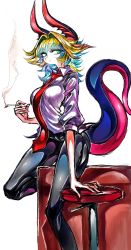 Rule 34 | 1girl, absurdres, aqua eyes, aqua hair, black pants, blonde hair, breasts, cigarette, feet out of frame, gradient hair, highres, horns, huge filesize, large breasts, monster girl, multicolored hair, nasuta5mamma, necktie, original, pants, red necktie, shadow, shirt, simple background, smile, smoke, solo, tail, white background, white shirt