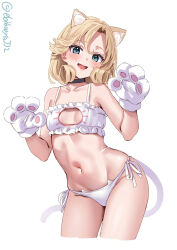Rule 34 | 1girl, animal ears, animal hands, blonde hair, blue eyes, blush, bra, breasts, cat cutout, cat ear panties, cat ears, cat lingerie, cat paws, cleavage cutout, clothing cutout, cowboy shot, ebifurya, fake animal ears, frilled bra, frills, highres, janus (kancolle), kantai collection, looking at viewer, meme attire, panties, paw pose, short hair, side-tie panties, small breasts, smile, solo, twitter username, underwear, white background