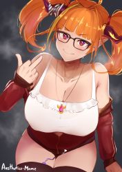 Rule 34 | 1girl, aestheticc-meme, ahoge, artist name, bare shoulders, blonde hair, blunt bangs, bow, breasts, cleavage, closed mouth, detached sleeves, diagonal-striped bow, glasses, hair intakes, heart, highres, hololive, horn ornament, horns, jewelry, kiryu coco, kiryu coco (loungewear), large breasts, long hair, middle finger, multicolored hair, necklace, official alternate costume, pointy ears, red eyes, see-through, sex toy, shirt, simple background, smile, solo, steam, streaked hair, striped, sweat, thighhighs, twintails, v-shaped eyebrows, vibrator, virtual youtuber, white shirt