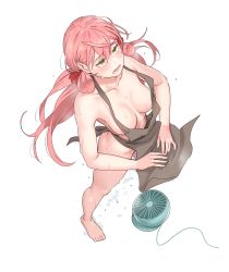 Rule 34 | 1girl, akashi (kancolle), apron, breasts, brown apron, collarbone, electric fan, green eyes, hair between eyes, hair ribbon, highres, kantai collection, large breasts, long hair, naked apron, open mouth, pink hair, red ribbon, ribbon, simple background, solo, tress ribbon, white background, yuuji (and)