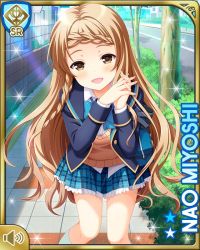 Rule 34 | 1girl, bag, blue bow, blue jacket, blue skirt, bow, braid, brown eyes, brown hair, card, character name, day, girlfriend (kari), jacket, long hair, miyoshi nao, official art, open mouth, outdoors, own hands together, plaid, plaid skirt, qp:flapper, shirt, skirt, smile, solo, tagme, white shirt