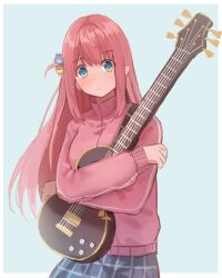 Rule 34 | 1girl, blue background, blue eyes, blue skirt, bocchi the rock!, border, closed mouth, commentary, cube hair ornament, gotoh hitori, guitar, hair ornament, holding, holding guitar, holding instrument, hugging object, instrument, jacket, long hair, long sleeves, looking at viewer, milktea (gggrrr2000), one side up, outside border, pink hair, pink jacket, plaid, plaid skirt, simple background, skirt, solo, white border
