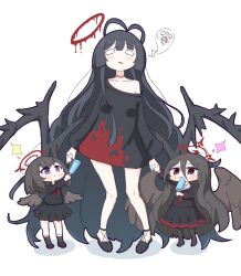 Rule 34 | 3girls, absurdly long hair, aged down, black dress, black footwear, black hair, black pantyhose, black shirt, black skirt, black wings, blood, blood on clothes, blue archive, blush stickers, breasts, brown wings, chibi, child, collarbone, commentary, dress, eating, food, full body, giving up the ghost, halo, hasumi (blue archive), holding, holding food, holding hands, holding popsicle, long hair, looking at another, looking up, mashiro (blue archive), melting halo, mole, mole under eye, multiple girls, no nose, pantyhose, parted lips, popsicle, purple eyes, red eyes, red halo, sailor collar, school uniform, shirt, skirt, small breasts, socks, sparkle, standing, thighs, tsurugi (blue archive), umihio, very long hair, white sailor collar, wings
