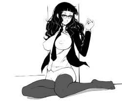Rule 34 | 1girl, between breasts, black hair, blunt bangs, bottomless, breasts, breasts out, buchou (houkago play), cardigan, eu03, glasses, greyscale, houkago play, inverted nipples, large breasts, long hair, monochrome, necktie, nipples, no bra, no shoes, open clothes, open shirt, puffy nipples, shirt, sitting, smile, solo, thighhighs, wavy hair
