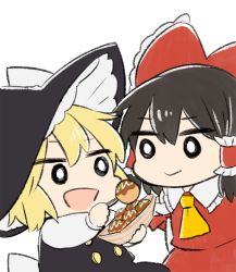 Rule 34 | 2girls, :d, apron, ascot, black dress, black hair, blonde hair, bow, chibi, commentary request, cyu ta, dress, feeding, food, hair between eyes, hair bow, hair tubes, hakurei reimu, hat, highres, holding, holding food, kirisame marisa, looking at another, medium hair, multiple girls, o o, open mouth, red bow, red dress, short hair, simple background, smile, takoyaki, touhou, upper body, white background, witch hat, yellow ascot