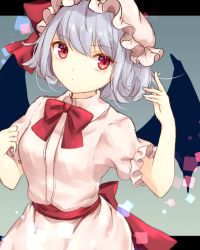 Rule 34 | 1girl, bad id, bad pixiv id, black wings, blue hair, bow, bowtie, chiyu (kumataro0x0), closed mouth, demon wings, dress, hat, hat bow, looking at viewer, red bow, red bowtie, red eyes, remilia scarlet, short hair, short sleeves, solo, standing, touhou, white dress, white hat, wings