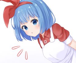 Rule 34 | 1girl, :o, ^^^, apron, blue eyes, blue hair, bob cut, bow, collared shirt, hair bow, highres, leaning forward, light blush, looking at viewer, omega rei, omega sisters, omega symbol, open mouth, raised eyebrows, red shirt, senchu, shirt, short hair, short sleeves, simple background, sleeve cuffs, solo, surprised, virtual youtuber, white apron, white background