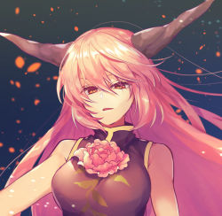 Rule 34 | 1girl, bare shoulders, breasts, commentary request, dress, dress flower, expressionless, eyelashes, flower, gold trim, gradient background, horns, ibaraki douji (touhou), large breasts, long hair, looking at viewer, oni, oni horns, open mouth, parted lips, pink eyes, pink flower, pink hair, pink rose, rose, sidelocks, simple background, sleeveless, sleeveless dress, slit pupils, solo, standing, tabard, tomobe kinuko, touhou, vine print