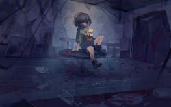 Rule 34 | 1other, abandoned, ahoge, androgynous, ankle boots, arm support, black footwear, black hair, black shorts, blood, blood on face, blood on ground, blood splatter, booth seating, boots, broken, chara (undertale), child, chinese commentary, commentary request, crack, cup, dilapidated, door, drinking glass, evil smile, flower, green sweater, highres, indoors, knee up, knife, lazy kun, looking at viewer, no pupils, plant, plate, potted plant, red eyes, scenery, short hair, shorts, sitting, sitting on table, smile, sweater, table, undertale, wide shot, yellow flower