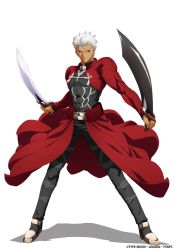 Rule 34 | 1boy, archer (fate), dark-skinned male, dark skin, emiya shirou, fate/grand order, fate/stay night, fate (series), full body, highres, holding, holding sword, holding weapon, looking at viewer, male focus, official art, resized, silver hair, sky, solo, sword, takeuchi takashi, upscaled, waifu2x, weapon