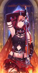 Rule 34 | 1girl, arch, arm at side, arm up, armband, armpits, backlighting, bad id, bad pixiv id, bare shoulders, belt, belt buckle, black gloves, black shirt, bracelet, braid, breasts, brooch, buckle, chain, choker, cloak, closed mouth, commentary, cowboy shot, crop top, curtains, elbow gloves, fingerless gloves, fire, glint, gloves, gradient hair, groin, hair over shoulder, head tilt, highres, holding, holding weapon, hood, hooded cloak, idolmaster, idolmaster cinderella girls, idolmaster cinderella girls starlight stage, indoors, jewelry, layered skirt, leg belt, long hair, looking at viewer, midriff, miniskirt, multicolored hair, navel, night, night sky, ninomiya asuka, one eye covered, orange hair, purple eyes, rapier, red hair, red skirt, scal2let, sheath, shirt, single braid, skirt, sky, sleeveless, sleeveless shirt, small breasts, smile, solo, standing, star (sky), sword, symbol-only commentary, too many, unsheathing, vial, weapon, window