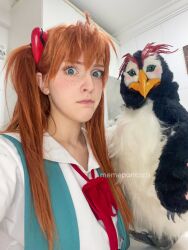 Rule 34 | 1girl, 1other, bird, blue eyes, brazilian (nationality), brown hair, character doll, cosplay, expressionless, freckles, hairpods, highres, interface headset, lips, looking at viewer, memepantazis, neon genesis evangelion, penguin, penpen, photo (medium), school uniform, souryuu asuka langley, souryuu asuka langley (cosplay), standing, tokyo-3 middle school uniform, twintails, two side up