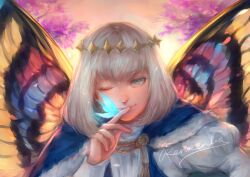 Rule 34 | 1boy, absurdres, blue butterfly, blue cape, blue eyes, bug, butterfly, butterfly on hand, butterfly wings, cape, closed mouth, diamond hairband, fate/grand order, fate (series), fur-trimmed cape, fur trim, grey hair, highres, insect, insect wings, juliet sleeves, long hair, long sleeves, male focus, oberon (fate), one eye closed, puffy sleeves, renrenkaaa, shirt, short hair, signature, smile, solo, upper body, white shirt, wings