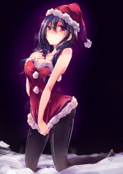 Rule 34 | 10s, 1girl, amano chiharu, bare shoulders, black background, black pantyhose, bobblehat, breasts, christmas, collarbone, dress, full body, fur trim, hat, highres, kantai collection, kneeling, low twintails, pantyhose, pom pom (clothes), purple eyes, purple hair, santa hat, simple background, sleeveless, sleeveless dress, snow, strapless, taigei (kancolle), tube top, twintails