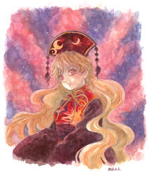Rule 34 | 1girl, blonde hair, chinese clothes, energy, highres, junko (touhou), junko day, long hair, painting (medium), phoenix crown, pom pom (clothes), red eyes, shiroma (mamiko), solo, tabard, touhou, traditional media, watercolor (medium), wide sleeves