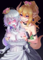 Rule 34 | 2girls, absurdres, armlet, artist request, black background, blonde hair, blue eyes, blush, bowsette, grabbing another&#039;s breast, breasts, clenched teeth, clothes pull, collar, covered navel, crown, detached collar, dress pull, earrings, frilled collar, frills, grabbing, hair between eyes, heart, heart-shaped pupils, highres, horns, jewelry, large breasts, long hair, long tongue, luigi&#039;s mansion, mario (series), mini crown, multiple girls, navel, new super mario bros. u deluxe, nintendo, nipples, open mouth, pink eyes, pointy ears, ponytail, princess king boo, red brooch, sharp teeth, silver hair, simple background, slit pupils, smile, spiked armlet, spiked collar, spiked shell, spikes, super crown, symbol-shaped pupils, teeth, tongue, tongue out, tsurime, yuri