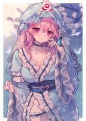 Rule 34 | 1girl, blue hat, blue kimono, breasts, bug, butterfly, cleavage, floral print, frilled kimono, frills, hat, highres, insect, japanese clothes, kimono, large breasts, long sleeves, mob cap, neck ribbon, obi, pink eyes, pink hair, qiu ju, ribbon, saigyouji yuyuko, sash, solo, touhou, triangular headpiece, wide sleeves