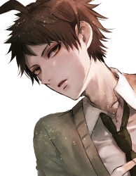 Rule 34 | 1boy, ahoge, beige jacket, brown eyes, brown hair, collarbone, collared shirt, commentary request, danganronpa (series), danganronpa 2: goodbye despair, hinata hajime, lips, looking at viewer, male focus, necktie, open mouth, parted lips, sakuyu, shirt, short hair, simple background, solo, upper body, white background, white shirt