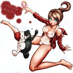 Rule 34 | 10s, 1girl, asahina aoi, bandaid, bandaid on knee, bandaid on leg, barefoot, blue eyes, bottomless, breasts, brown hair, cleavage, collarbone, danganronpa: trigger happy havoc, danganronpa (series), doughnut, feet, food, full body, hair ornament, hairclip, highres, jacket, medium breasts, monokuma, official style, one-piece swimsuit, open clothes, open jacket, oyume, panties, ponytail, school swimsuit, sitting, swimsuit, tongue, track jacket, underwear