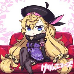 1girl arm_belt black_bodysuit black_hat blonde_hair blue_eyes bodysuit chan_co chibi copyright_name couch fur_trim grimms_echoes guest_art hat jibril_(grimms_echoes) long_hair open_mouth sitting solo twintails