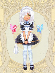 Rule 34 | 3girls, ;), apron, argyle, argyle clothes, argyle legwear, bare shoulders, black dress, black footwear, blue bow, blue dress, blue eyes, blue hair, blue wings, blush, bow, brown eyes, closed mouth, copyright request, dress, duster, fairy, frilled apron, frills, full body, hair over one eye, holding, layered dress, long hair, maid, maid apron, maid headdress, mini person, minigirl, multiple girls, official art, one eye closed, open mouth, pantyhose, pink wings, puffy short sleeves, puffy sleeves, red dress, red eyes, red hair, shikito (yawa0w0), shoes, short sleeves, silver hair, smile, standing, strapless, strapless dress, wavy mouth, white apron, wings