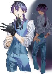 Rule 34 | 1boy, absurdres, arm tattoo, biting, black gloves, blue suit, chamuring, formal, from behind, glove biting, glove pull, gloves, haitani rindou, highres, looking to the side, male focus, multicolored hair, multiple views, parted lips, purple hair, striped clothes, suit, tattoo, teeth, tokyo revengers, two-tone hair, upper teeth only, vest, wolf cut