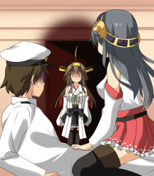 Rule 34 | 10s, 1boy, 2girls, admiral (kancolle), ahoge, aura, bare shoulders, be (o-hoho), black hair, brown hair, cheating (relationship), dark aura, detached sleeves, empty eyes, false smile, hairband, haruna (kancolle), hat, japanese clothes, kantai collection, kongou (kancolle), long hair, multiple girls, nontraditional miko, personification, skirt, smile, sweatdrop, thighhighs, walk-in, yandere