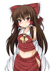 Rule 34 | 1girl, bad id, bad pixiv id, bare shoulders, blush, bow, breasts, brown hair, detached sleeves, female focus, groin, hair bow, hakurei reimu, imperishable night, japanese clothes, long hair, midriff, miko, red eyes, sideboob, smile, solo, suga hideo, sweat, touhou