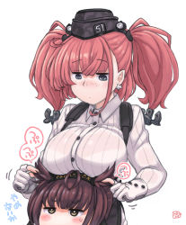 Rule 34 | 1boy, 1girl, anchor hair ornament, atlanta (kancolle), black headband, black headwear, bra visible through clothes, breast rest, breasts, breasts on head, brown hair, dress shirt, earrings, freckles, fukidamari no peke, garrison cap, genderswap, genderswap (ftm), gloves, grey eyes, grey gloves, hachimaki, hair flaps, hair ornament, hat, hatsuzuki (kancolle), headband, highres, jewelry, kantai collection, large breasts, long hair, long sleeves, partially fingerless gloves, shirt, short hair, single earring, skirt, star (symbol), star earrings, suspender skirt, suspenders, two-tone gloves, two side up, white gloves, white shirt, yellow eyes