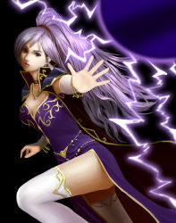Rule 34 | 1girl, breasts, cleavage, commentary request, dress, earrings, electricity, fire emblem, fire emblem: genealogy of the holy war, highres, ishtar (fire emblem), jewelry, long hair, magic, nintendo, outstretched arm, ponytail, purple dress, purple eyes, purple hair, side slit, solo, th6313, thighhighs, white thighhighs