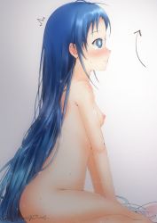 Rule 34 | 1girl, blue eyes, blue hair, blush, breasts, closed mouth, embarrassed, from side, full body, kantai collection, long hair, mae (maesanpicture), md5 mismatch, nervous, nipples, nude, samidare (kancolle), sex, simple background, small breasts, smile, solo, sweat, sweatdrop, swept bangs, twitter username, very long hair, white background
