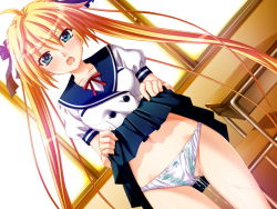 Rule 34 | 1girl, blonde hair, blue eyes, blue skirt, blush, bow, bow panties, bowtie, breasts, censored, chair, classroom, clothes lift, collarbone, desk, game cg, hair ribbon, indoors, kue nanaka, long hair, looking at viewer, mikoshi matsuri, navel, nega0, open mouth, panties, peeing, peeing self, puffy sleeves, red bow, red bowtie, ribbon, school uniform, shirt, short sleeves, skirt, skirt lift, small breasts, solo, standing, teeth, twintails, underwear, wet, wet clothes, wet panties, white panties, white shirt, window