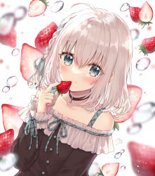 Rule 34 | 1girl, ahoge, black choker, black shirt, blue eyes, blue ribbon, blurry, blurry background, blurry foreground, blush, braid, choker, closed mouth, commentary request, depth of field, food, frilled shirt, frills, fruit, grey hair, hair between eyes, hair ribbon, hand up, highres, holding, holding food, long sleeves, looking at viewer, off-shoulder shirt, off shoulder, original, ribbon, sato ame, shirt, sleeves past wrists, smile, solo, strawberry, upper body, water drop, white background