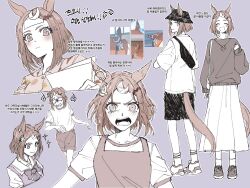 Rule 34 | 1girl, ^ ^, alternate costume, animal ears, bag, blush, breasts, brown hair, bucket hat, casual, closed eyes, closed mouth, ears through headwear, fanny pack, gloom (expression), gym, hair ornament, hairclip, hat, highres, horse ears, horse girl, horse tail, jewelry, korean commentary, korean text, long sleeves, multicolored hair, multiple views, open mouth, pajamas, partially colored, pendant, race bib, reference inset, school uniform, shirt, shoes, short hair, short sleeves, shorts, shoulder bag, skirt, small breasts, smile, sneakers, socks, sparkle, streaked hair, tail, taisaaa, tears, tracen school uniform, translation request, tsurumaru tsuyoshi (umamusume), umamusume, v-shaped eyebrows