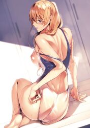 Rule 34 | 1girl, ass, bare shoulders, barefoot, blonde hair, blush, competition swimsuit, covered erect nipples, feet, female focus, from behind, glasses, highres, indoors, legs, light blush, light smile, long hair, looking at viewer, looking back, nanao (mahaya), off-shoulder one-piece swimsuit, one-piece swimsuit, original, parted lips, purple eyes, see-through, sitting, smile, solo, steaming body, sweat, swimsuit, thighs, wet, wet clothes, wet swimsuit