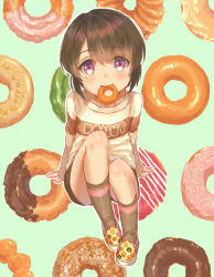 Rule 34 | 1boy, blush, brown hair, doughnut, food, food in mouth, highres, looking at viewer, male focus, mouth hold, original, purple eyes, shoes, short shorts, shorts, sitting, sneakers, takanoberii