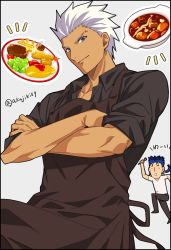 Rule 34 | 2boys, akujiki59, apron, archer (fate), artist name, blue hair, brown apron, closed mouth, commentary request, crossed arms, cu chulainn (fate), cu chulainn (fate/stay night), fate (series), floating hair, food, fork, grey background, grey eyes, holding, holding fork, long hair, male focus, multiple boys, notice lines, outline, pants, ponytail, shirt, short sleeves, smile, spiked hair, white hair, white shirt