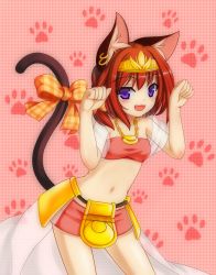 Rule 34 | 1girl, animal ears, bow, cat ears, cat tail, fang, highres, looking at viewer, minaha (playjoe2005), navel, open mouth, paw pose, paw print, purple eyes, sakahime (shikihime zoushi), shikihime zoushi, short hair, smile, solo, tail, tail bow, tail ornament