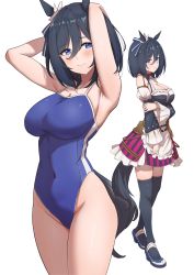 Rule 34 | 1girl, absurdres, animal ears, black hair, black thighhighs, blouse, blue eyes, blue one-piece swimsuit, bob cut, bodice, breasts, cowboy shot, detached sleeves, dirndl, ear ornament, eishin flash (umamusume), full body, german clothes, hair between eyes, highleg, highleg swimsuit, highres, horse ears, horse girl, horse tail, large breasts, multiple views, one-piece swimsuit, school swimsuit, shirt, short hair, simple background, skirt, standing, striped clothes, striped skirt, swimsuit, tail, thighhighs, thighs, umamusume, vertical-striped clothes, vertical-striped skirt, white background, white shirt, whitek