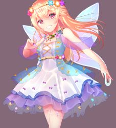 Rule 34 | 1girl, absurdres, arcelle, bang dream!, blonde hair, blue flower, bow, cross-laced clothes, dress, fairy wings, flower, flower necklace, grey background, grin, hair between eyes, half updo, head wreath, highres, jewelry, long hair, looking at viewer, necklace, orange flower, pink flower, purple bow, purple flower, red eyes, shirasagi chisato, simple background, smile, solo, wings, yellow bow, yellow flower