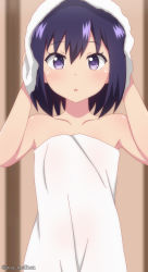 Rule 34 | 1girl, absurdres, bad id, bad pixiv id, bare shoulders, blush, collarbone, gabriel dropout, hands up, highres, looking at viewer, naked towel, open mouth, poa mellhen, purple eyes, purple hair, short hair, solo, towel, towel on head, vignette tsukinose april, twitter username, upper body