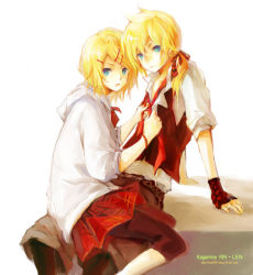 Rule 34 | 1boy, 1girl, bad id, bad pixiv id, blonde hair, blue eyes, brother and sister, hair ornament, hairclip, i-riya, kagamine len, kagamine rin, necktie, ponytail, red necktie, short hair, siblings, sitting, sitting on lap, sitting on person, skirt, twins, vocaloid