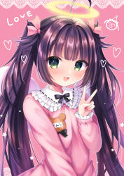 Rule 34 | 1girl, :d, ahoge, black hair, blush, collared dress, commentary request, copyright request, dress, feathered wings, frilled shirt collar, frilled sleeves, frills, green eyes, hair ribbon, hand up, heart, highres, long hair, long sleeves, looking at viewer, open mouth, pink background, pink dress, pink ribbon, puffy long sleeves, puffy sleeves, ribbon, ribbon trim, sleeves past wrists, smile, solo, twintails, v, very long hair, virtual youtuber, white wings, wings, yomogi (becr)
