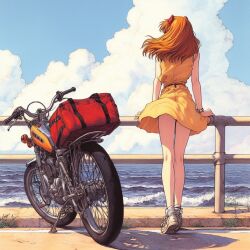 Rule 34 | 1girl, artist request, bag, bare arms, bare legs, blue sky, bracelet, clothes lift, cloud, day, dress, dress lift, fence, from behind, grass, hair ornament, hairpods, jewelry, motor vehicle, motorcycle, neon genesis evangelion, ocean, orange hair, outdoors, shadow, shoes, skirt, sky, sleevless dress, socks, solo, souryuu asuka langley, standing, summer, sunlight, water, waves, wind, wind lift, yellow dress
