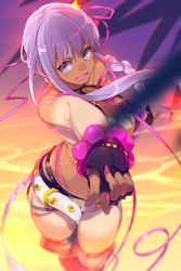 Rule 34 | 1girl, bare shoulders, bb (fate), bb (fate) (all), bb (swimsuit mooncancer) (fate), bb (swimsuit mooncancer) (second ascension) (fate), beach, bead bracelet, beads, belt, bikini, black gloves, black thighhighs, blush, bracelet, braid, breasts, cleavage, dark-skinned female, dark skin, earrings, echo (circa), fate/grand order, fate (series), fingerless gloves, gloves, gyaru, hair between eyes, hair ornament, hair ribbon, jewelry, large breasts, long hair, looking at viewer, neck ribbon, open mouth, outstretched arm, purple bikini, purple eyes, purple hair, purple ribbon, ribbon, single braid, smile, solo, star (symbol), star earrings, star hair ornament, studded garter belt, sunset, swimsuit, tan, tanline, thighhighs, thighs, very long hair, white belt