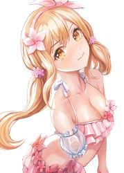 Rule 34 | 10s, 1girl, arched back, bad id, bad pixiv id, bang dream!, blonde hair, blush, breast lift, breasts, cleavage, flower, frills, hair flower, hair ornament, hairband, highres, ichigaya arisa, leaning forward, long hair, looking at viewer, lunacle, medium breasts, midriff, pink hairband, pink skirt, pout, simple background, skirt, solo, standing, very long hair, white background, yellow eyes